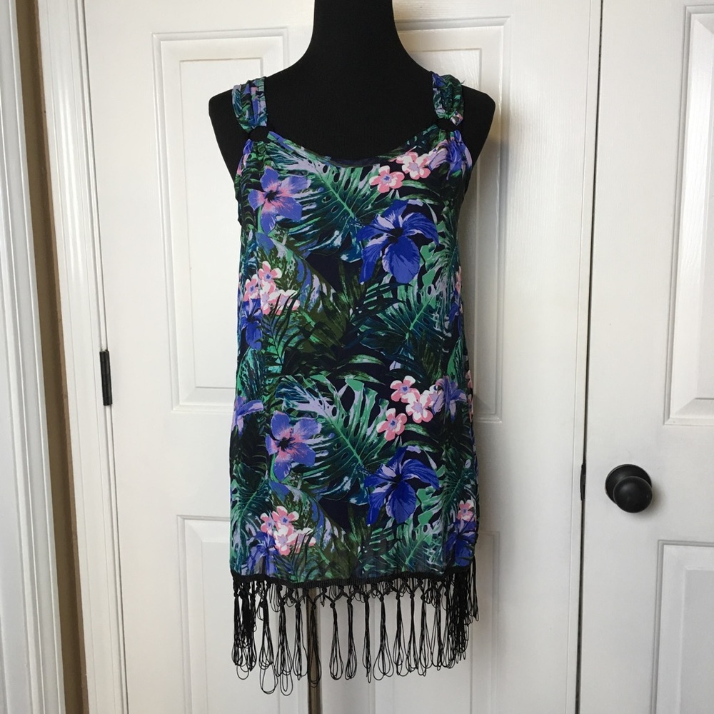 Sheer floral fringe tank top tunic swim cover up M